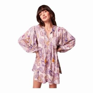Band of the Free Paisley Boho Mini Dress Cream Purple Tassel Tie NWT Medium
